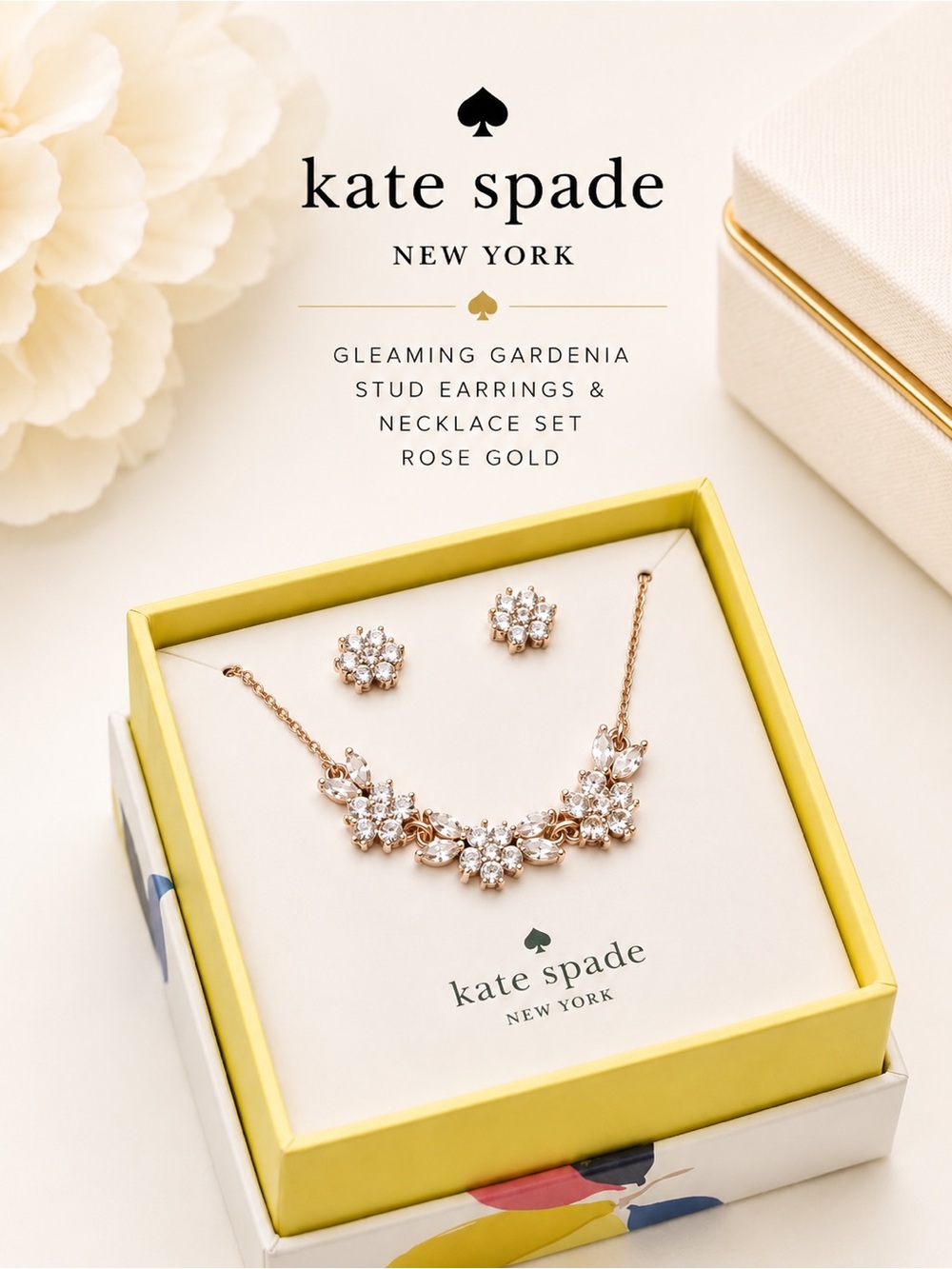 Kate Spade Gleaming Gardenia Rose Gold Crystal Necklace Earrings Set NWT